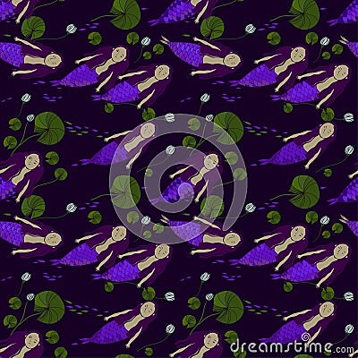 Beautiful wallpaper with mermaids at depth. seamless vector pattern with a flock of little mermaids, fishes and sea lilies. Vector Illustration